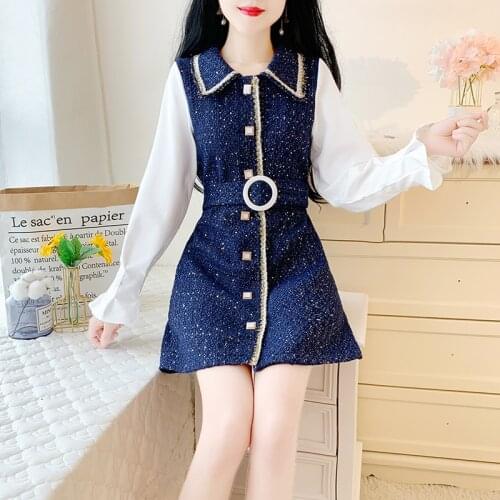 New 2020 Autumn Winter Vintage Tweed Dress Women Sweet Flare Long Sleeve Patchwork Fake Two Pieces Mini Dress Vestidos Free Belt
