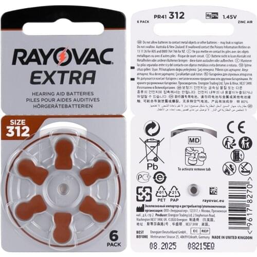60 pcs Rayovac Extra Zinc Air Hearing Aid Batteries A312 312A ZA312 312 PR41 S312 PR41 Hearing Aid Battery