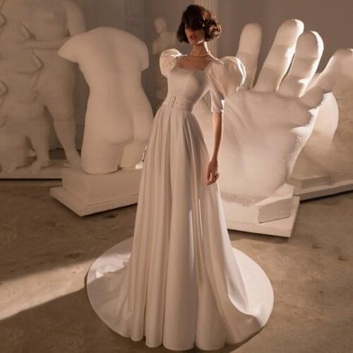 Eightree White A Line Wedding Dresses Boho Soft Satin Beach Bridal Gowns Square Collar Princess Gowns Puff Sleeves Bride Dress