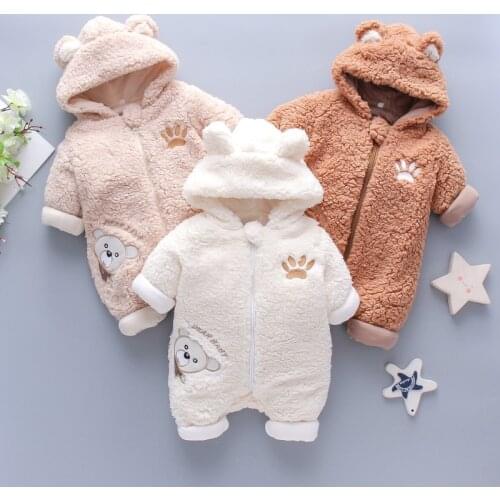 Toddler Infant Jumpsuit Winter Baby Boys Girls Cute Cartoon Bear Embroidery Thicken Hooded Romper for 0-12M Kids Clothes