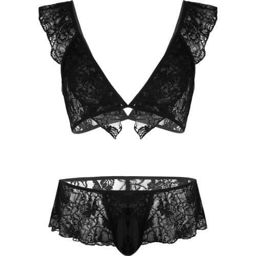 Sissy Lace Bra Set Skirted Men Sheer Lace Nightwear Bikini Lingerie Set Sleeveless Bra Top with Skirted G-string Thong Underwear
