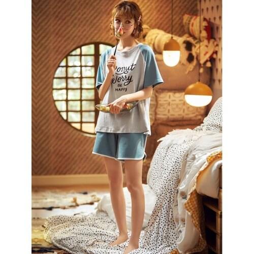 Women Pajama Sets Cute Letter Print Round Collar Nightgown Causal Tracksuit 100%Cotton Sleepwear Summer Short Sleeve Homewear