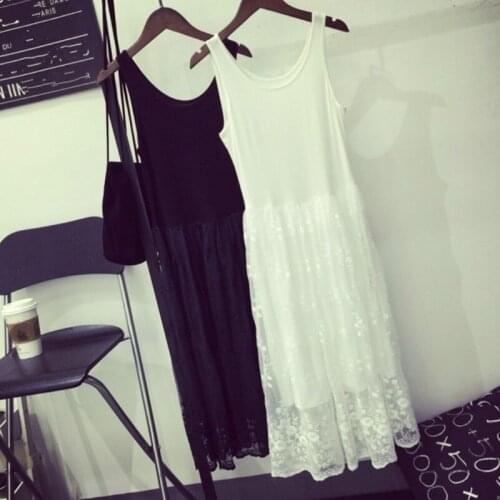 Vest Lace Dress Long Tank Render Extender Tee Cotton Top Sleeveless Trim Layer White Black Dress Tank 904-393