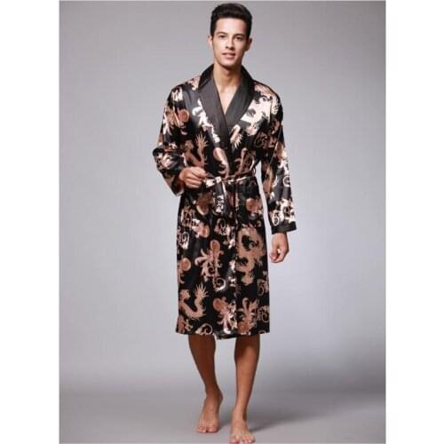 Hot selling men fashion loose dragon design print soft satin fabric sleepwear robe male trendy color silk lounge belted bathrobe