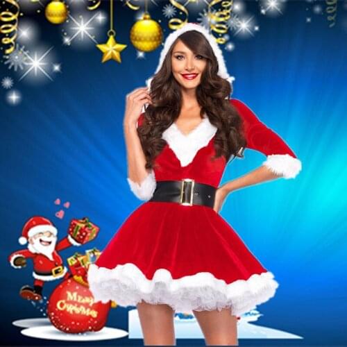 Fashion Adults Women Girls Slim Fit Hooded Sexy Velvet Christmas Suit Costumes Female Santa Claus Cosplay Xmas Party Fancy Dress