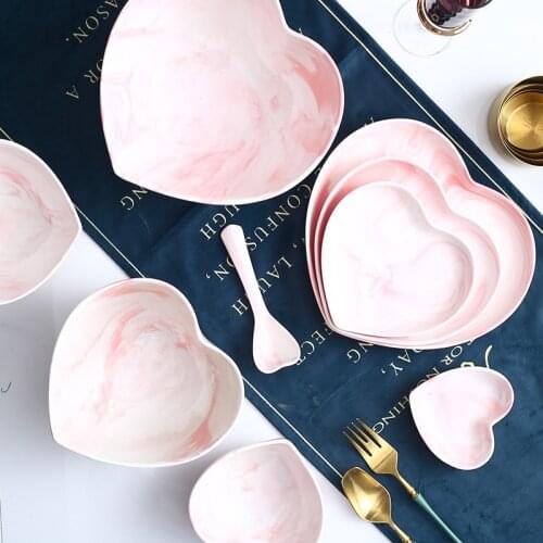 Marble Heart Shape Dinner Plate Bowl Spoon Set Food Rice Soup Ramen Noodle Bowl Jewelry Dish Tray Ceramic Crockery Dinnerware