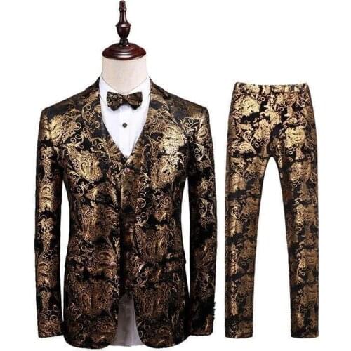 Men Gold Pattern Suits Slim Fit Tuxedos For Wedding Floral Casual Suit Jacket Vest Pants Party Prom Dress Stage Costume