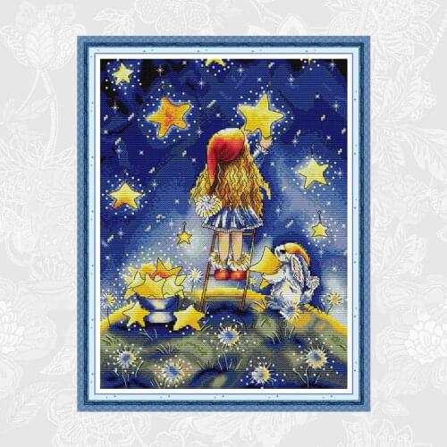 Girl picking stars Cross-stitch Kits DIY Handmade Chinses Cross Stitch Printed On Canvas Embroidery Sets Home Decoration Crafts