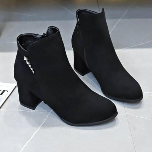 Solid Black Autumn Winter Boots Women Shoes Woman Ladies Boots Zipper Crystal Diamond Square High Heels Ankle Boots Plus Size 42