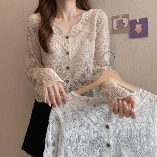 Autumn New Hook Flower Hollow Out Long Sleeve Thin Cardigan Short Shirt