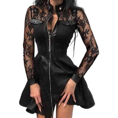 Sexy Stand Collar Print Zipper Long Sleeves Mini Dress Women Casual Lace Mesh Faux Leather Dress Elegant Slim Party Club Dresses
