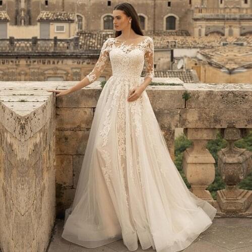 Half Sleeve Wedding Dresses A-Line O-Neck Lace Appliques Tulle Floor Length Sweep Train Formal Bride Gowns Custom Made New