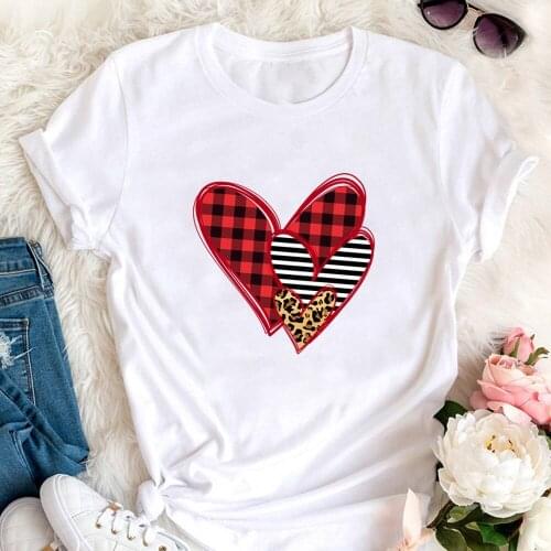 Plaid Leopard Heart Colored Printed 100%Cotton Women Tshirt Funny Summer Casual O-Neck Short Sleeve Top Love Shirt Gift for Her
