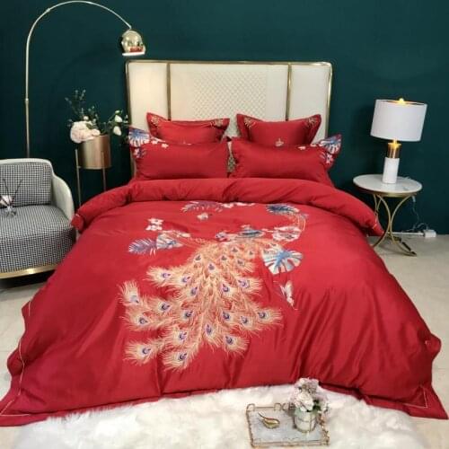 Red Washed Cotton Satin Duvet Cover Set Bed Sheet Pillow shams Chic Flowers Birds Embroidery Wedding Bedding Set King Queen Sze