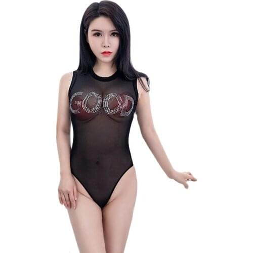 Faux Diamonds Sleeveless Mesh Transparent Bodysuit Hight Cut Thong See Through Swimsuit Bodystocking Sexy Hot Erotic Bodys Tops