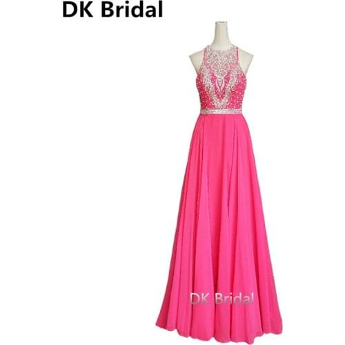 A-Line Pink Evening Dresses Long 2019 O-Neck Beaded Backless Dress Formal Evening Gown Long Prom Party Gown Vestido de Fiesta