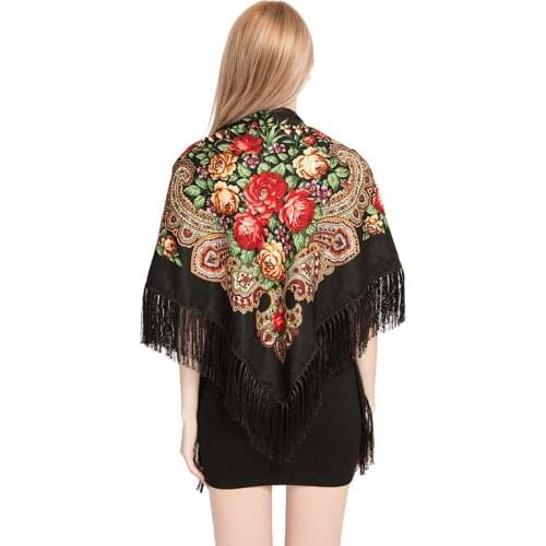 Russian Shawls Ukrainian Fringed Scarf Traditional Print Floral Polish Women Neck Head Wrap Vintage Antique Hijab Poncho