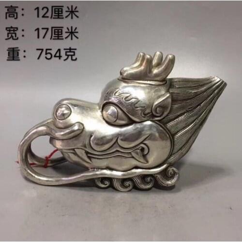 Ancient Chinese Pure white copper silvering Dragon head Teapot Cupronickel wine pot ornaments collections decorations