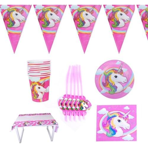 Unicorn Theme Banner Cups Plates Tablecloth Happy Birthday Party Cake Toppers Baby Shower Straws Bunting Tableware 61pcs/lot