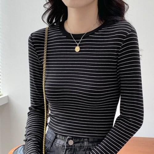 Striped Tshirt Women Clothes Knitted Cotton T Shirts Female 2021 Autumn Slim Long Sleeve Top Korean Fashion Base Tee Shirt Femme