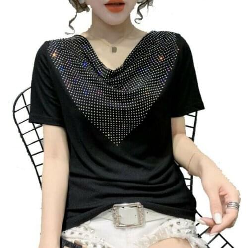 Women Bling Rhinestones V Neck Summer Short sleeve Clubwear Stylish Tops B