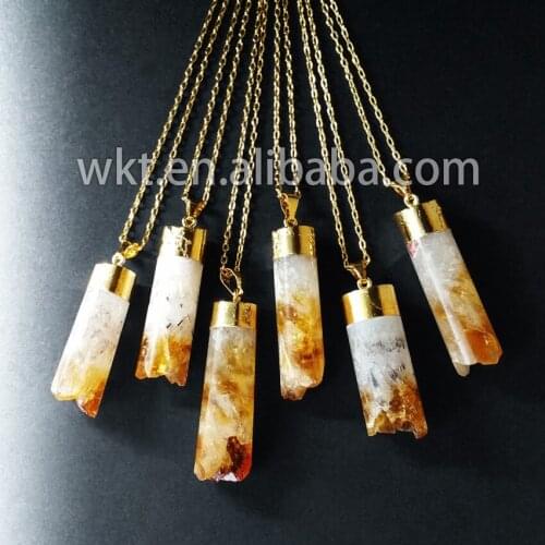 WT-N445 Hot Women fashion round cube raw yellow stone necklace natural gold trim link chain precious stone necklace