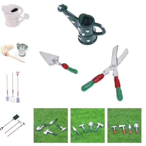 1/12 DIY Miniature Metal Watering Can Pulling Cart Spade Rake Garden Tools For Children Dolls House Miniatures Accessories Set