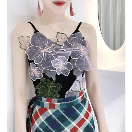 Fashion Women Summer Camis Tanks Tops Three-dimensional Embroidery Knitted Suspender Sexy Sleeveless Cotton Vest Crop Top