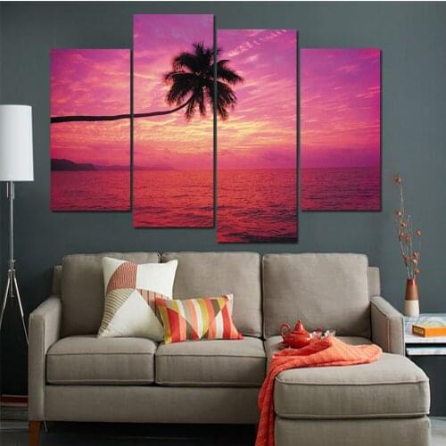 4 Pcs of Art Landscape Poster Beach Sunset Coconut Tree Canvas Painting Modular Picture Home Decor Living Room Mural Frameless