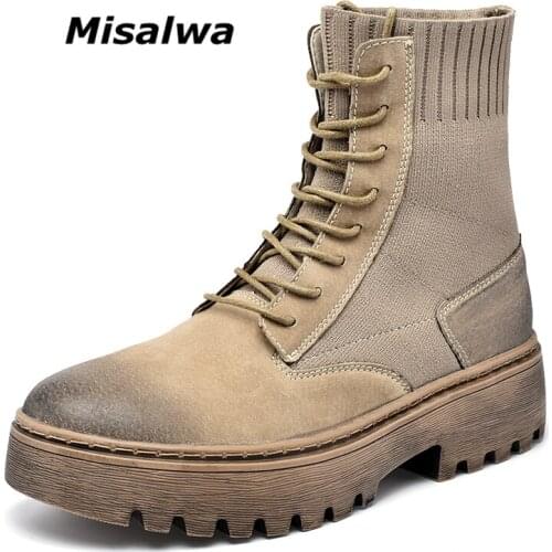 Misalwa Suede Leather Men Chelsea Boots High Original Casual Couple Female Shoes British Winter /Spring Knit Boot Platform 4cm
