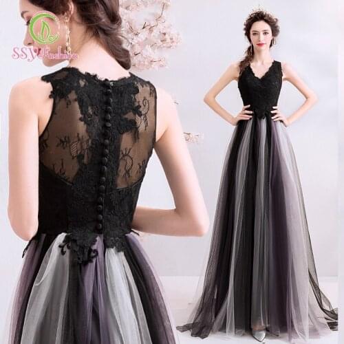 SSYfashion V-Neck Zipper Back Floor-Length Sleeveless Lace Tulle Black Evening Dress Custom Party Formal Gown Vestido De Noche