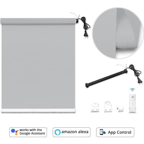 TuyaSmart Life WiFi Motor Electric Roller Blinds Google Alexa Voice Control Motorized Shade Full Blackout Curtain Fabric Tracket