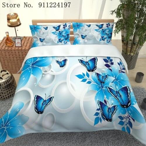 Blue Butterfly Comforter Bedding Set High Quality Duvet Cover 2/3pcs Luxury Bedclothes Microfiber Bed Linen Queen King Size