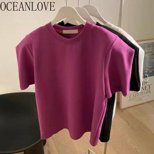 OCEANLOVE Korean Chic T-shirt Puff Sleeve Vintage Solid Ins 2021 Summer Camisetas De Mujer Short O Neck Casual Women T Shirts
