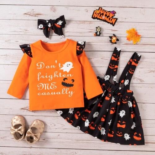 Newborn Baby Girl’s Skirt Three Piece Suit Halloween Print Long Sleeve T-shirt and Suspender Skirt with Headband