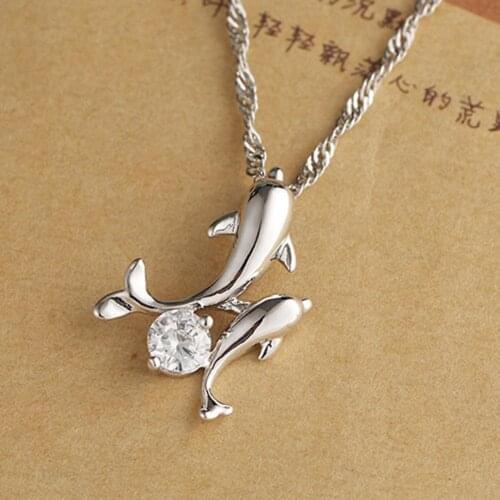 Fashion Crystal Cute Double Dolphins Pendant Necklaces Rhinestone Chain Necklace