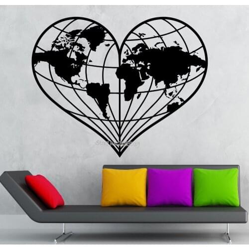 Newest Design Wall Stickers Heart-shaped World Map Earth Geography Peace Vinyl Decal Removable Mural Sofa Background Decor LA505