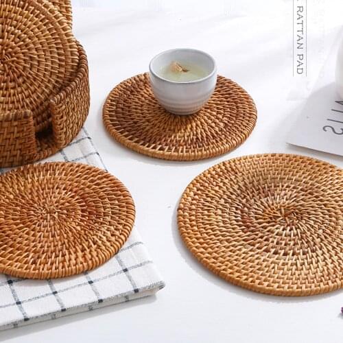 Retro Natural Rattan Woven Placemat Round Table Mat Insulation Coasters Pot Coffee Placemats Pad Anti-Slip Table Mats Handicraft