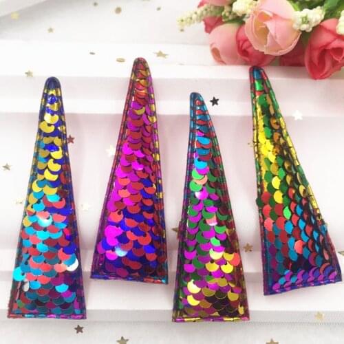 Colorful Glitter Fish Scale Sequin Padded Fabric Unicorn Horn Applique Making Children Hair Clip Accessories DIY Craft Supplies