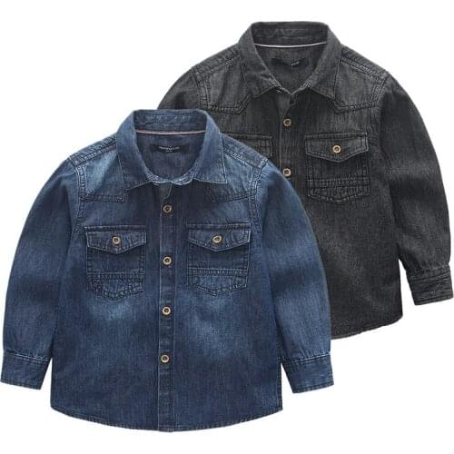Baby Boy clothes two pockets Children Denim Shirts Classic Solid color long-sleeve Turn-down Collar Boys blouse Shirts For 3-10Y