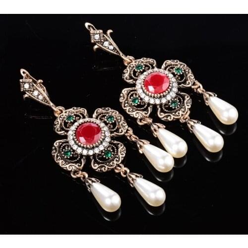 Turkish Earrings for Women Vintage Gold Boho Jewelry Big Long Pearl Flower Piercing Tassel Dangle Earrings Brincos 2018