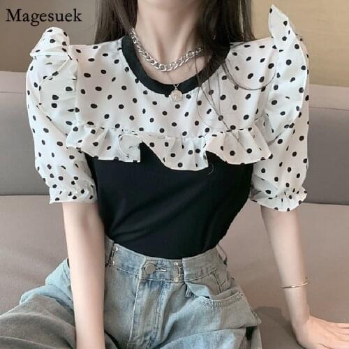 Ruffled Polka Dot Chiffon Shirt Women Korean Short Puff Sleeve Top Female Fashion O Neck White Blouses Women Casual Blusas 15044