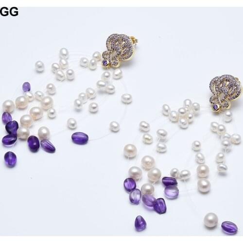 GuaiGuai Jewelry Natural White Pearl Freedom Purple Amethyst Stone CZ Paved Flower Stud Earrings CZ Fitting For Women