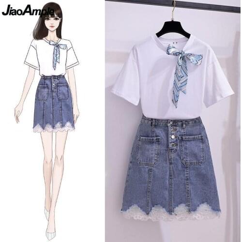Fashion Clothing Set Women Summer 2021 Short Sleeve T-Shirt Mini Denim Skirts Suit Student Leisure Cozy Cotton Bow-Knot Tops