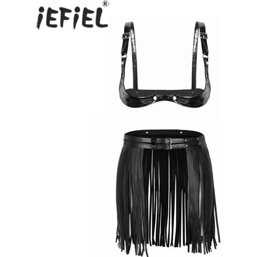 Women Fashion Pole Dance Lingerie Costume Ladies Wet Look Open Cup Crop Bra Tops with Stretchy Tassel Mini Skirt for Nightclub