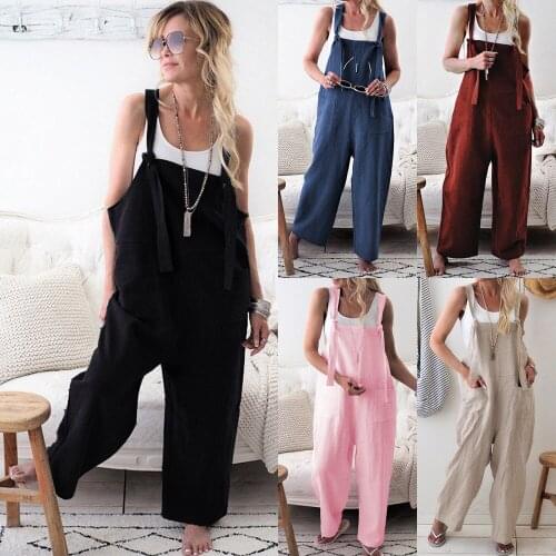 Womens spring and autumn new style with pockets and laces solid color cotton and linen series casual suspenders jumpsuit