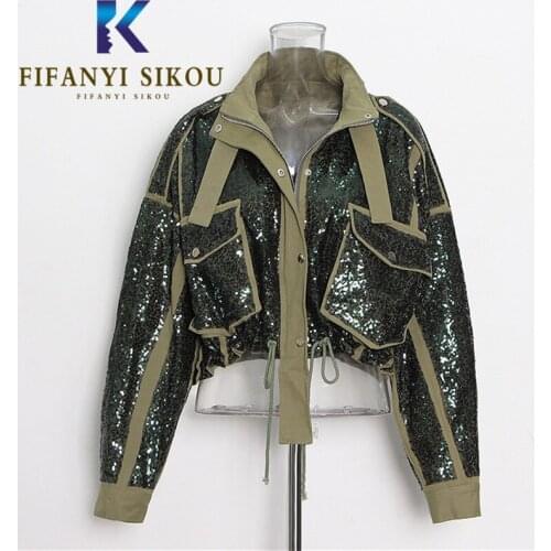 Sequins Jackets Women Fashion Short Coat 2021 New Big Pocket Spliced Loose Zipper Bomber Jacket Female Streetwear Outerwear