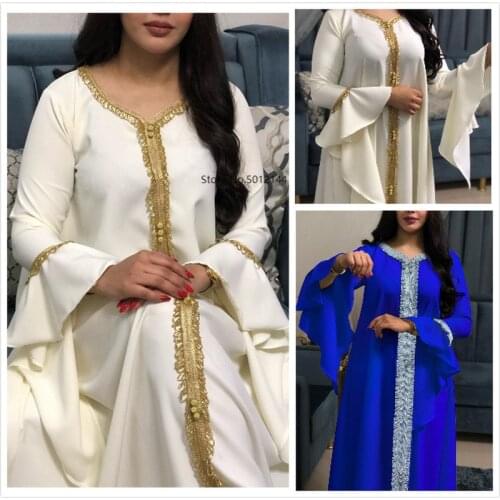 Jalabiya Kaftan Dress For Women Dubai Turkey Golden Ribbon Embroidery Loose Muslim Arabic Islamic Clothing White 2021