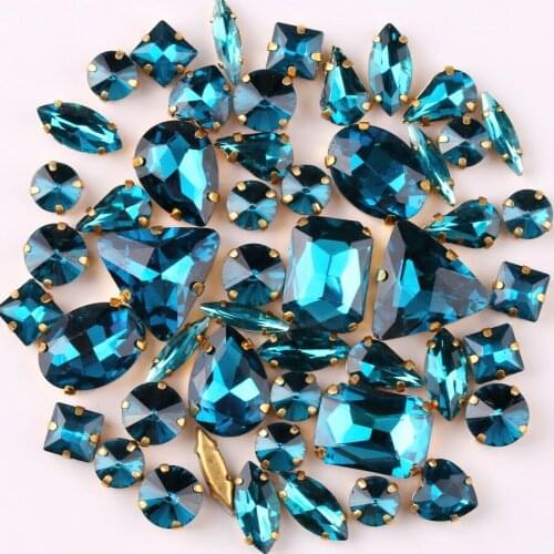 Gold claw setting 50pcs/bag shapes mix Blue zircon glass crystal sew on rhinestone wedding dress shoes bags diy trim