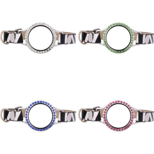 5pcs/lot 25mm Different color crystals Locket 7cm+15cm Zebra stripe Single Wrap PU Leather Bracelets Wristband With 50pcs Charms